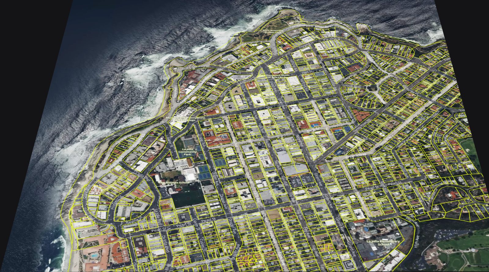 A parcel-level map of a neighborhood, every property outlined