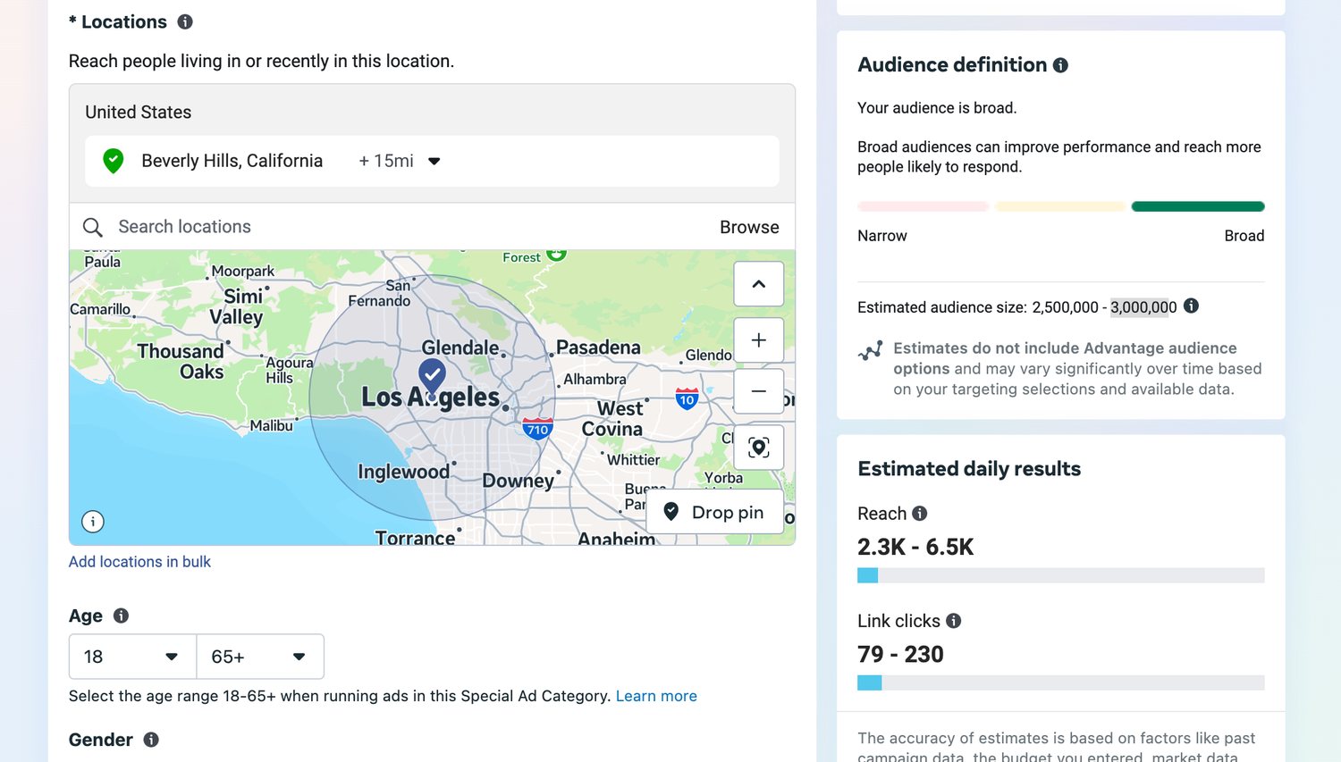 Facebook Ads Manager drawing a thirty-mile circle around Beverly Hills, audience 2.5 to 3 million